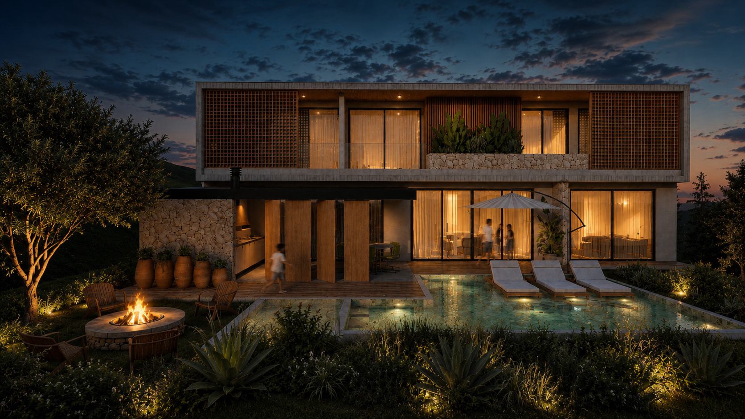 Render de casa do Alto Mangalarga ao entardecer, com piscina e fogo de chão