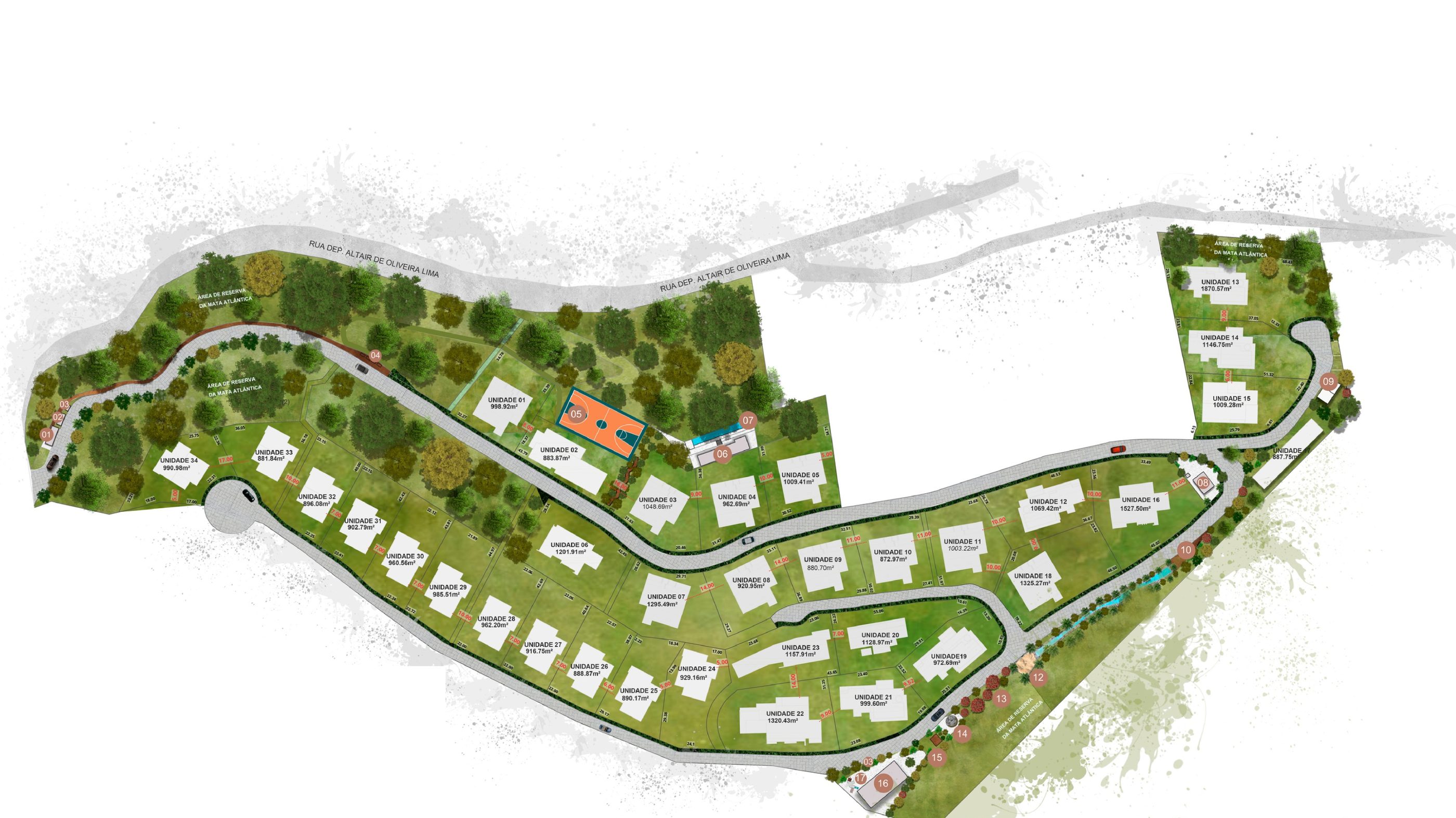 Masterplan ilustrado do Alto Mangalarga com os 34 lotes e as estruturas do condomínio